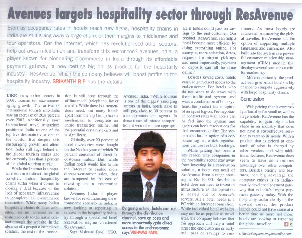 Avenues targets hospitality sector through ResAvenue - Published by Express Computer 