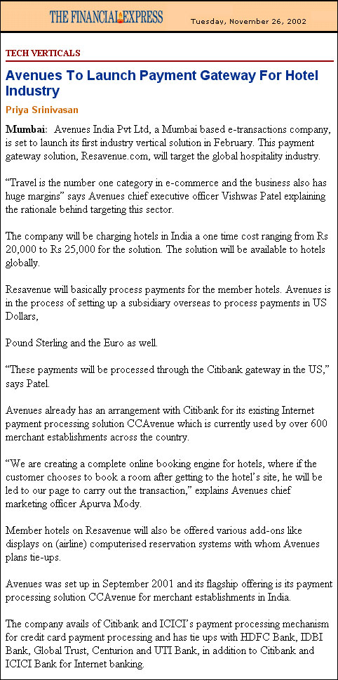 Avenues to launch payment gateway for hotel industry - Published by The Financial Express