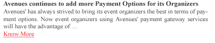 Avenues continues to add more Payment Options for its Organizers
